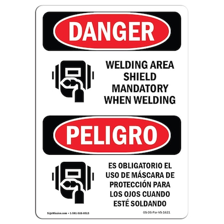 OSHA Danger, Welding Eye Shield When Welding Bilingual, 5in X 3.5in Decal